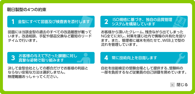 朝日製型の4つの約束 １金型にすべて図面及び検査表を添付します ２ ISO規格に基づき、独自の品質管理システムを構築しています 3 お客様の与えて下さった課題に対し真摯な姿勢で取り組みます 4 ISO規格に基づき、独自の品質管理システムを構築しています