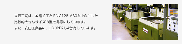 立石工場は、放電加工とＦＮＣ128-A30を中心にした比較的大きなサイズの型を得意にしています。また、安田社製のJIGBORERも2台有しています。